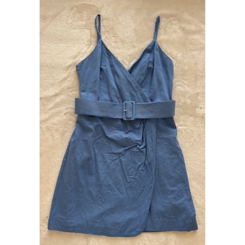 Zara Blue Cotton Belted Wrap Mini Dress Sleeveless V-Neck XS